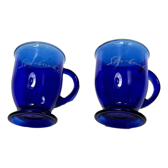 STARBUCKS Anchor Hocking  Cobalt Blue Mug Glass Pedestal Footed Coffee EARLY - Picture 5 of 10